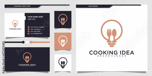 Modern cooking idea logo design with creative bulb line art shape and business card Premium vektor