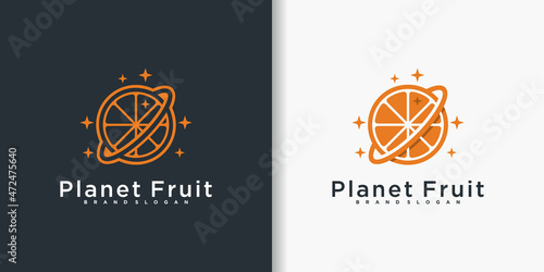 Minimalist of fruit planet logo design with creative combined planet and fruit Premium vektor