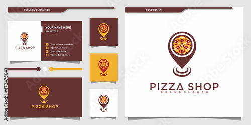 Creative pizza shop logo design template with combined pizza and map pointer concept Premium vekto
