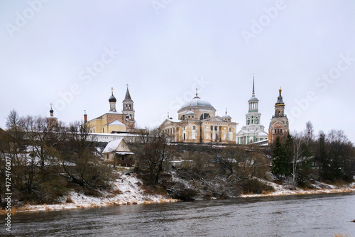 View of the architectural ensemble of the ancient monastery in the Russian city of Torzhok, Tver region