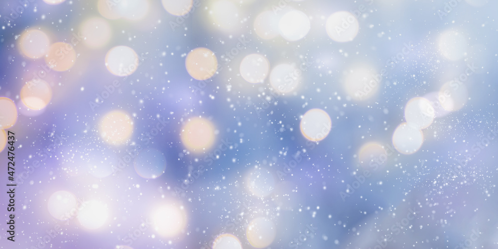 Abstract blue winter background with bokeh. Christmas light with falling snow. Winter panoramic scenery