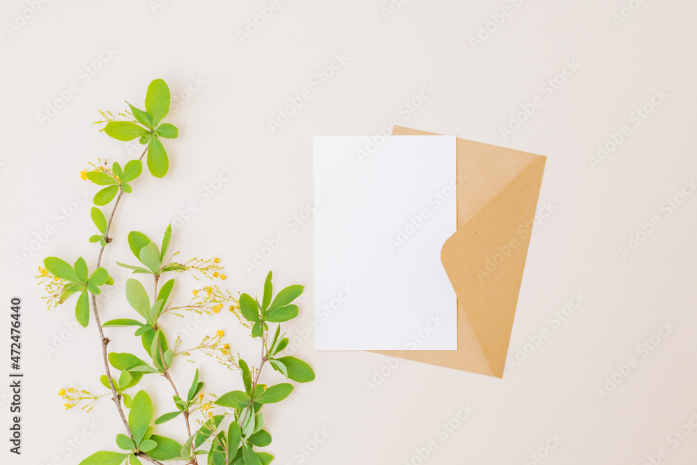 Mockup white wedding invitation and envelope with branches and green leaves on color background Mockup white wedding invitation and envelope with branches and green leaves on color background