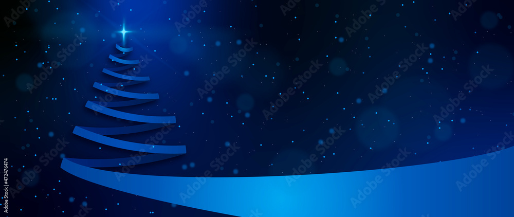 Ribbon christmas tree. Blue light. blue star. Magic sparks. Christmas wide background vector illustration. Ribbon christmas tree. Blue light. blue star. Magic sparks. Christmas wide background vector illustration.