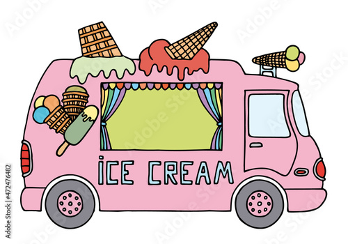 Pink ice cream bus in doodle style. Hand Drawn.