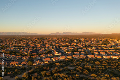 Upper middle class neighborhood in Arizona, drone shot. Planned development with copy space.