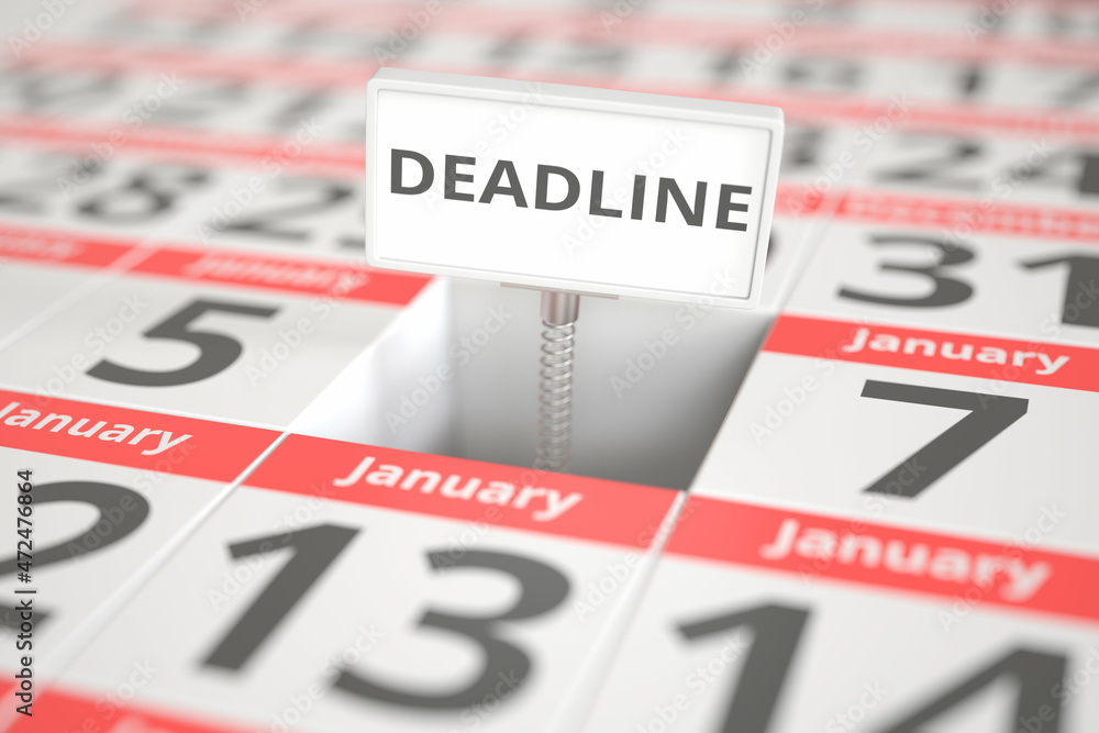 DEADLINE sign on January 6 in calendar, 3d rendering DEADLINE sign on January 6 in calendar, 3d rendering