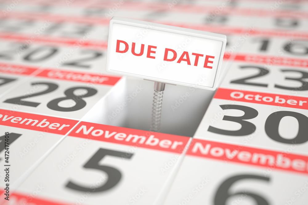 DUE DATE sign on October 29 in a calendar, 3d rendering DUE DATE sign on October 29 in a calendar, 3d rendering