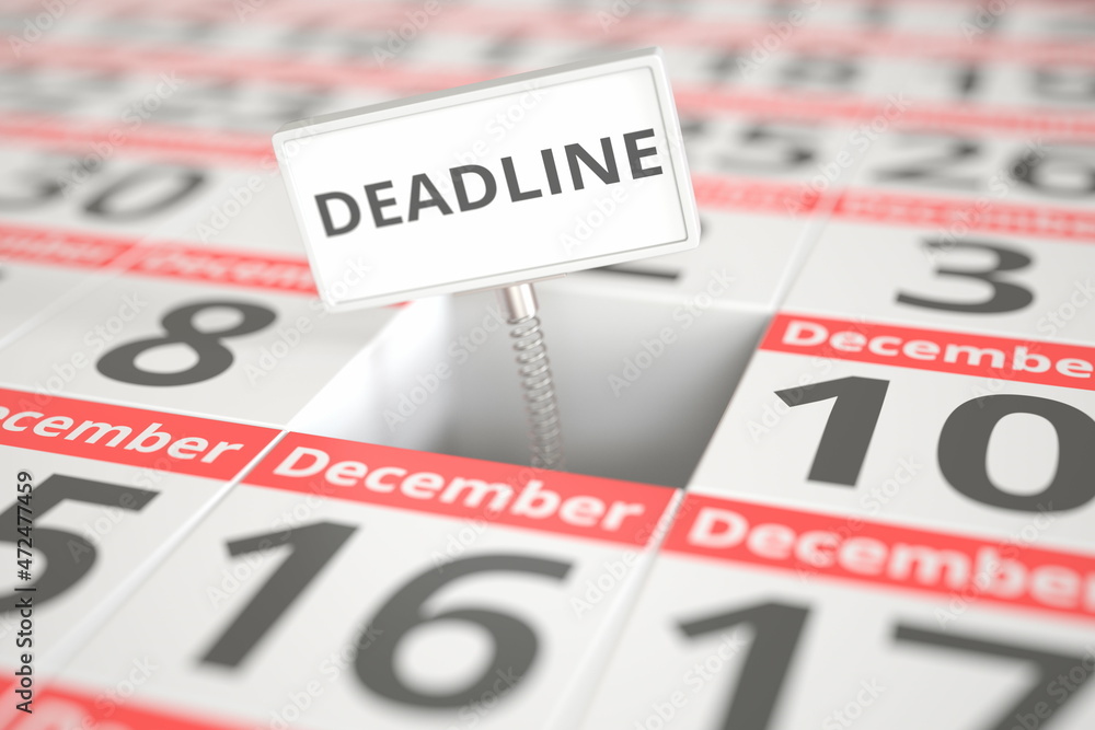DEADLINE plate on December 9 in a calendar, 3d rendering DEADLINE plate on December 9 in a calendar, 3d rendering
