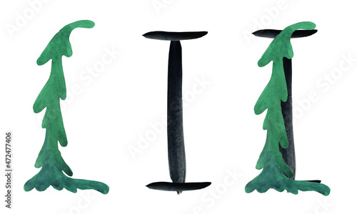 Spruce letter I and elements isolated on white background. Watercolor hand drawing illustration of forest green fir tree alphabet font. Perfect for card, print, logo, poster, cover. photo