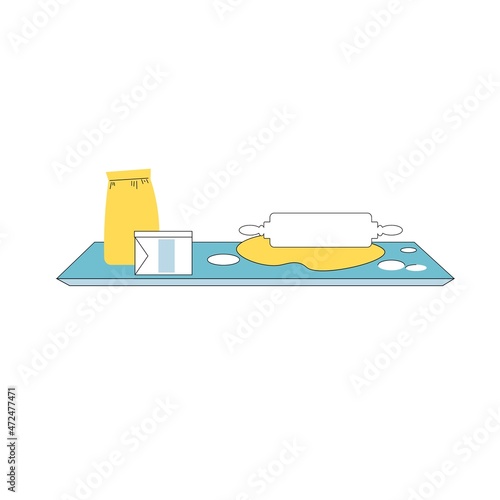 Vector cartoon flat flour,dough on cooking board with rolling pin isolated on empty background-balanced diet,healthy eating and food cooking concept,web site banner ad design