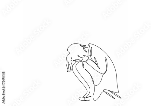 continuous silhouette drawing of a crying woman squatting in a minimalist style