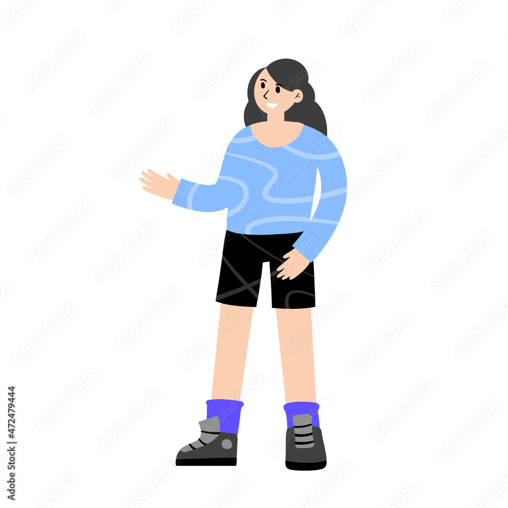 Female character talking. Woman gestures and show and points with her hand. Young girl in summer casual clothes.