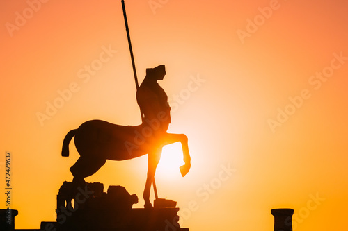 Pompeii, Italy. Statue Of Centaur On Territory Of Forum On Background Sunset Sunrise Sky photo