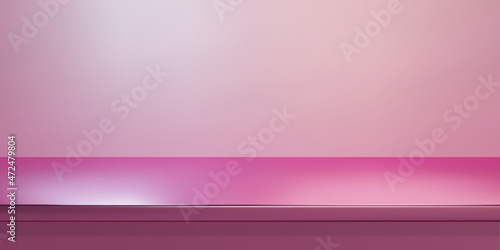 Pink steel countertop, empty shelf. Vector realistic mockup of table top, kitchen counter on rose background with spot light. Bar desk surface in foreground