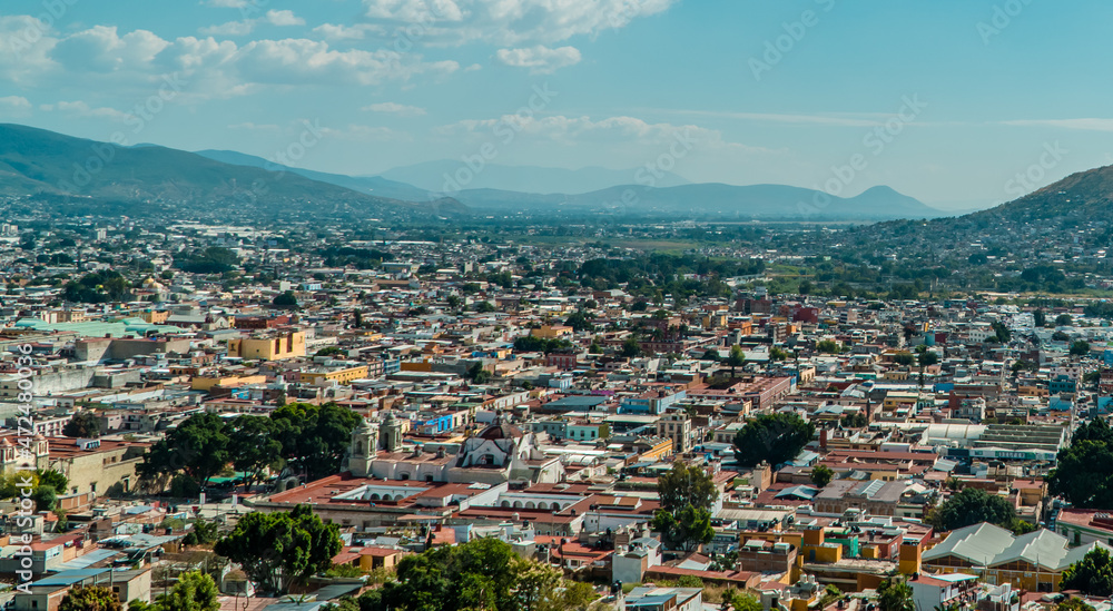 Aerial birdseye view of the city of Oaxaca de Juarez in southern Mexico