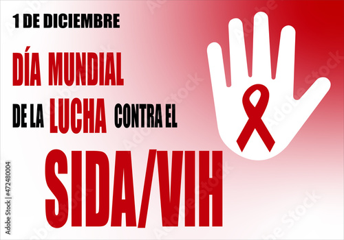 VIH, SIDA. Día mundial de la lucha contra el VIH/SIDA. Lazo rojo sobre mano blanca