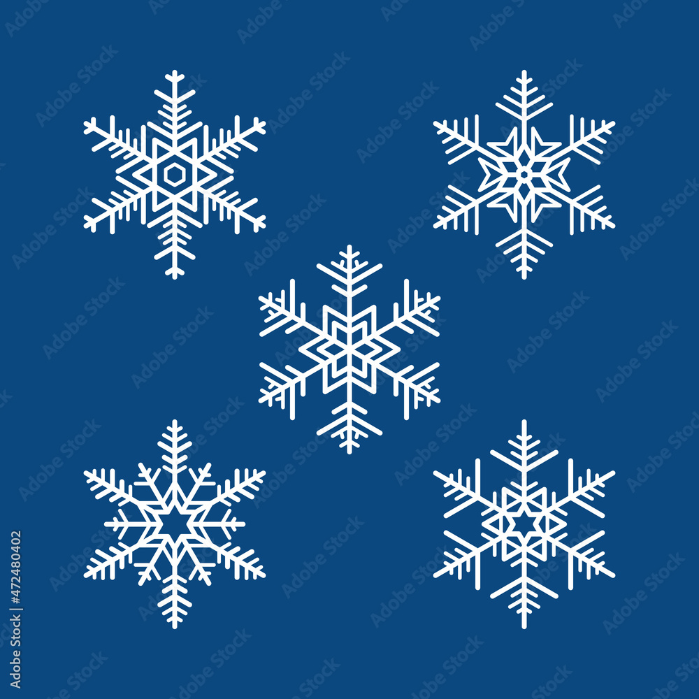 Set of five white snowflake icons collection. Dark blue abstract background. Element design for logo, symbol, banner, card, cover, poster, tile, wall. Vector illustration.