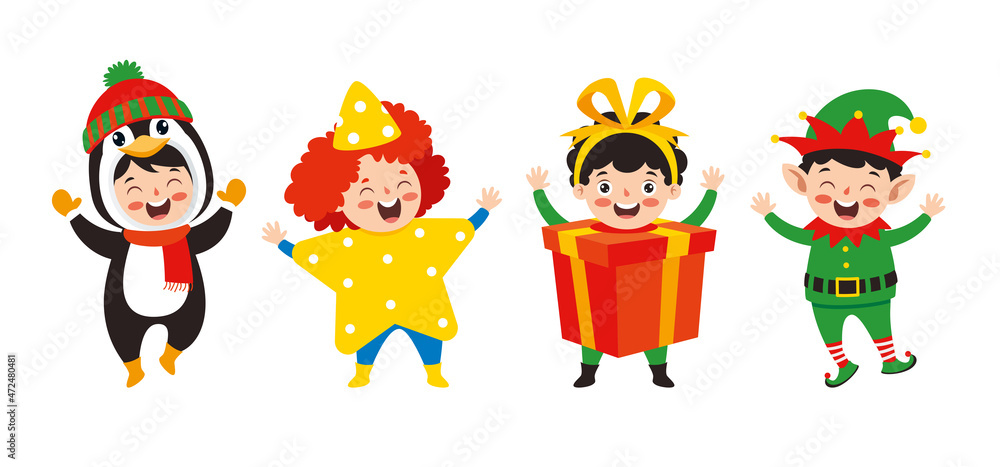 Children Wearing Costumes In Christmas Theme Children Wearing Costumes In Christmas Theme