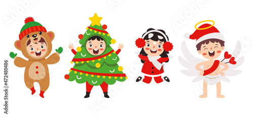 Children Wearing Costumes In Christmas Theme