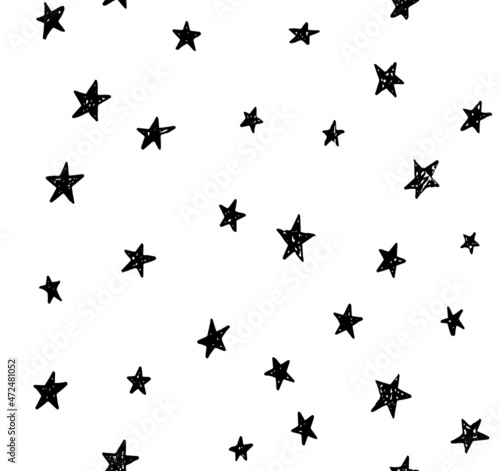 Seamless vector pattern, black hand drawn stars with texture for backgrounds, textile, wrapping paper, decorations, packaging and surface design