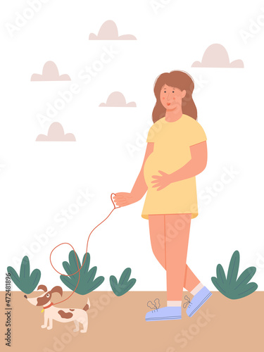 Vector illustration, pregnant woman walking with dog, breathing fresh air. Positive and happy pregnancy concept, healthy habits, active life