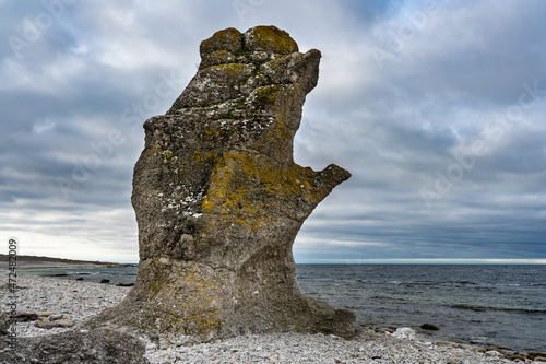 Fårö Island in Sweden. Rauks, ancient stone formations. Column like landform. Rauks often occur in groups called "rauk fields". Lots of famouse limestone rauks of Gotland in the Baltic Sea.