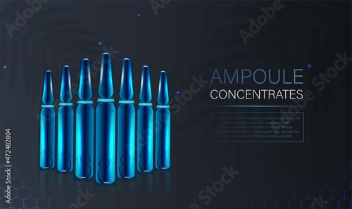 The layout of a cosmetic product in ampoules for a catalog, magazine. Natural oil with vitamins, hyaluronic acid. Vector illustration with ampoules with reflection on a dark background