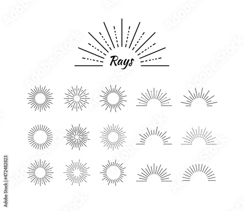 retro rays set, black and white illustration, design elements isolated on white background.