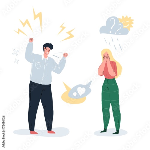 Vector cartoon flat pair of characters quarreling,arguing in break up scene.Healthy personal relationships,emotions,social behavior and family psychology concept,web site banner ad design