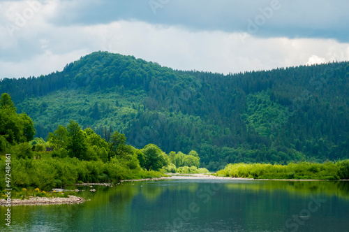 Mountain river surrounded by green trees, calm water.