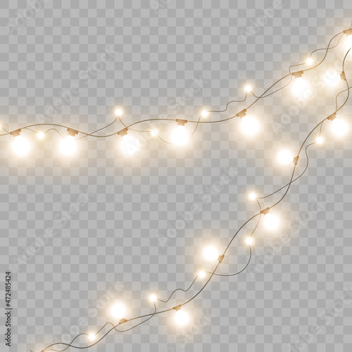 Christmas lights isolated realistic design elements. Glowing lights for Christmas holiday cards, banners, posters, web designs.	