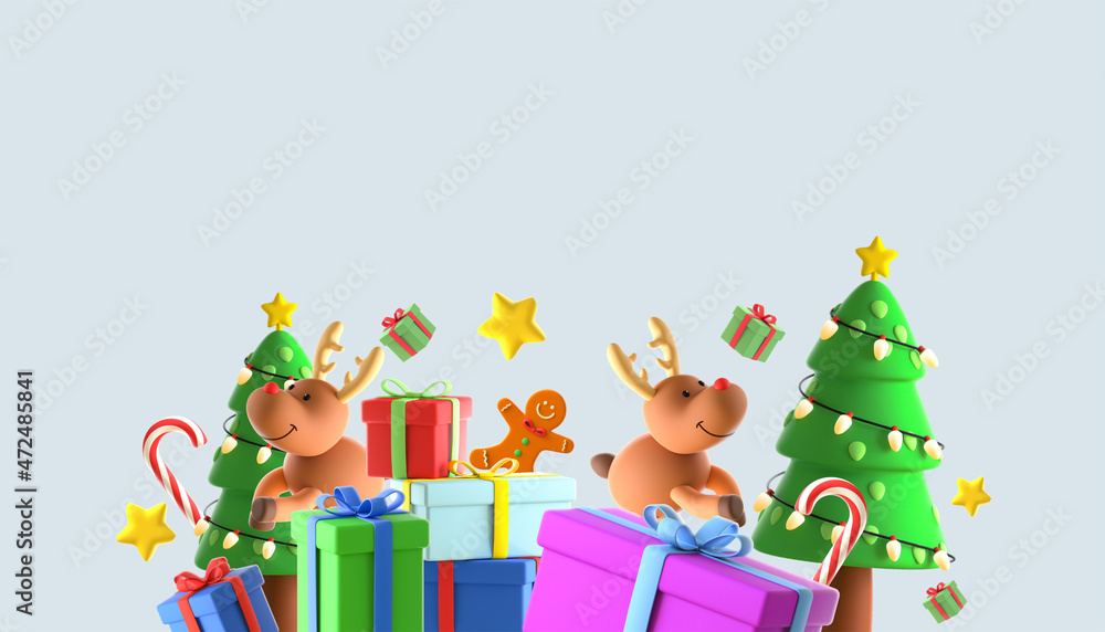 Naklejka premium Christmas and New Year background. gift box and Reindeer of a decorative festive object on Blue. Holiday banner, web poster, flyer, greeting card - 3d Rendering