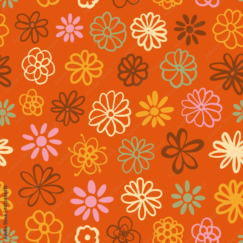Retro daze floral seamless repeat pattern. Random placed, doodled vector flowers all over surface print.