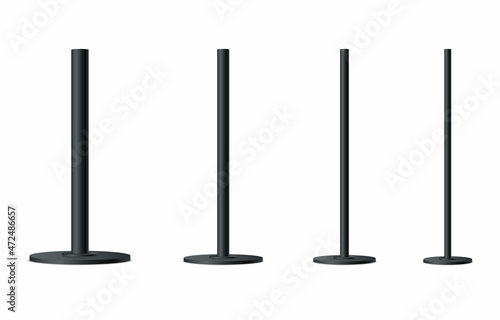 Set of black metal poles with different diameters. Realistic detailed 3d metal columns. Steel pipes. Template design for urban advertising banners, billboard, streetlight. Vector illustration
