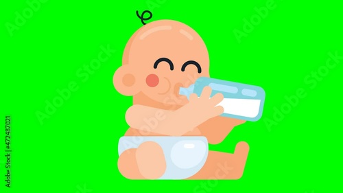 Animation of Cute little baby drinking milk from bottle in sitting position. baby boy holding milk bottle. Flat style cartoon animation video on green screen background.
