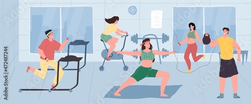 Vector flat cartoon characters enjoy sport activities at fitness gym-yoga,kettlebell work out,stationary bike exercise,treadmill running.Healthy sporty lifestyle social concept,web site banner ad