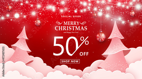 Merry christmas sale 50 off vector background. Winter holiday discount ad banner with light garland, spruce fir tree, cloud, falling snow texture effect, hanging ball and offer text in papercut style