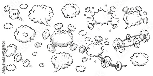 Comic clouds. Speech bubbles in pop art style. Funny balloons with wind and smoke. Cartoon elements with speed effect. Message shapes. Set of sky air objects. Explosion bomb frame. Vector illustration