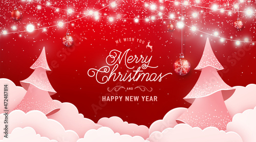 Merry christmas and happy new year invitation vector background. Winter holiday banner with light garland, spruce fir tree, clouds, falling snow texture effect and greeting text in papercut style