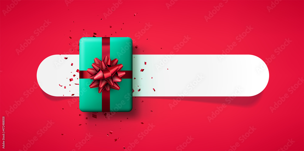 Green gift box with red bow and confetti. Green gift box with red bow and confetti.