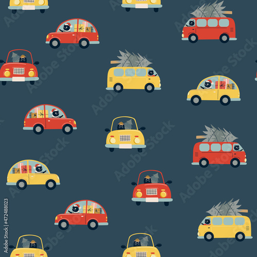 Seamless vector pattern with black cat driver  car  bus and Christmas tree