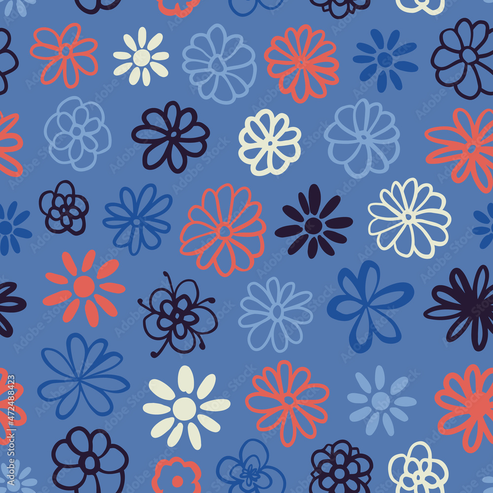 Floral seamless repeat pattern. Random placed, doodled vector flowers all over surface print on blue background.