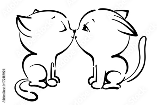 black outline of two cute little cats. Kiss of cats, coloring book for kids. isolated illustration on white background