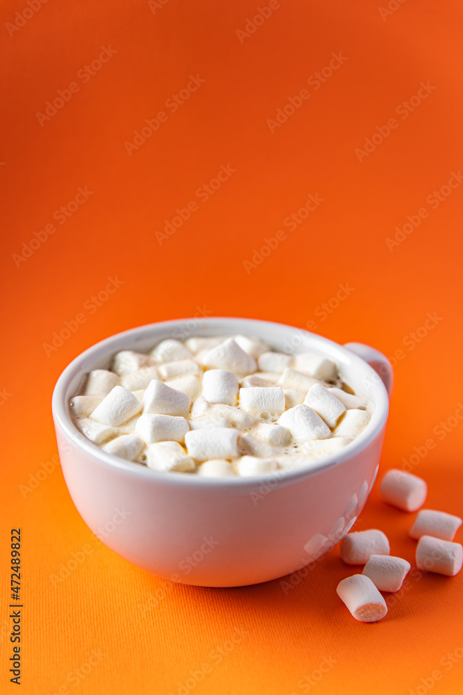 hot chocolate marshmallow cocoa or coffee hot drink warming meal snack on the table copy space food background rustic. top view hot chocolate marshmallow cocoa or coffee hot drink warming meal snack on the table copy space food background rustic. top view