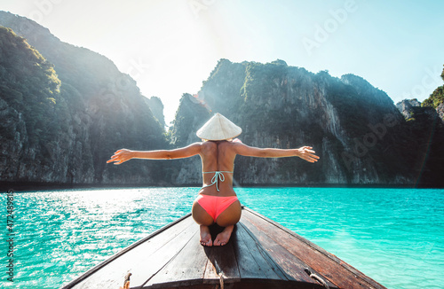 Beautiful woman making an excursion to phi phi island and maya beach in Thailand © oneinchpunch