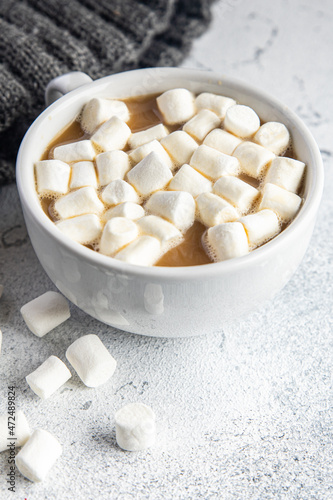 hot chocolate marshmallow cocoa or coffee hot drink warming meal snack on the table copy space food background rustic. top view
