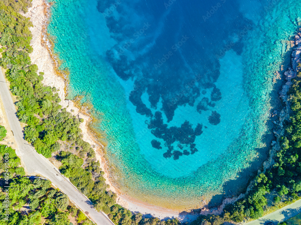 Aerial drone top down shot of beautiful sea near the forest. Green trees and turquoise sea landscape. Summer holiday background view.