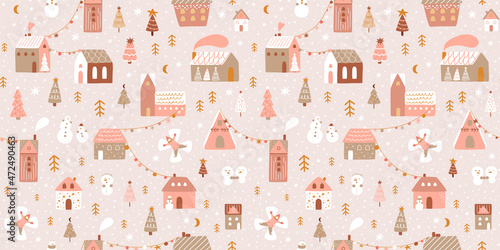 Pink Christmas village. Outdoor Christmas scene. Winter village illustrations. Pink Christmas seamless pattern Panoramic background. Magical winter houses, snowmen, Christmas trees, snowangel.