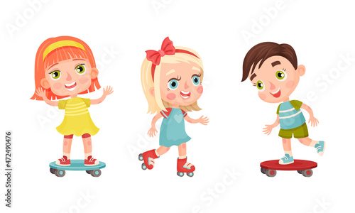 Set of kids doing sport. Happy little children skateboarding and rollerblading cartoon vector illustration