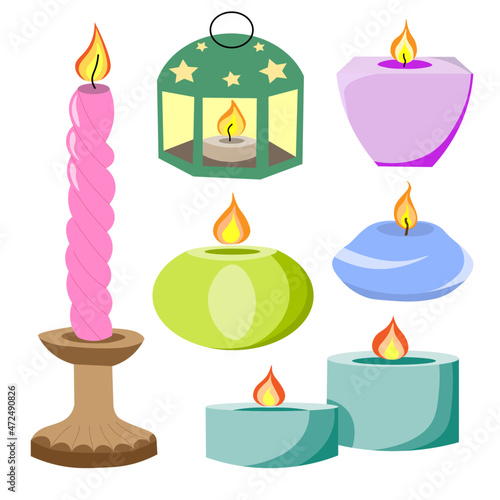 set of wax, burning, aromatic candles. Different size and shape of the candle. candle in candlestick. Hand-drawn vector illustration. Design for holiday cards, stickers, printing, Christmas, New Year